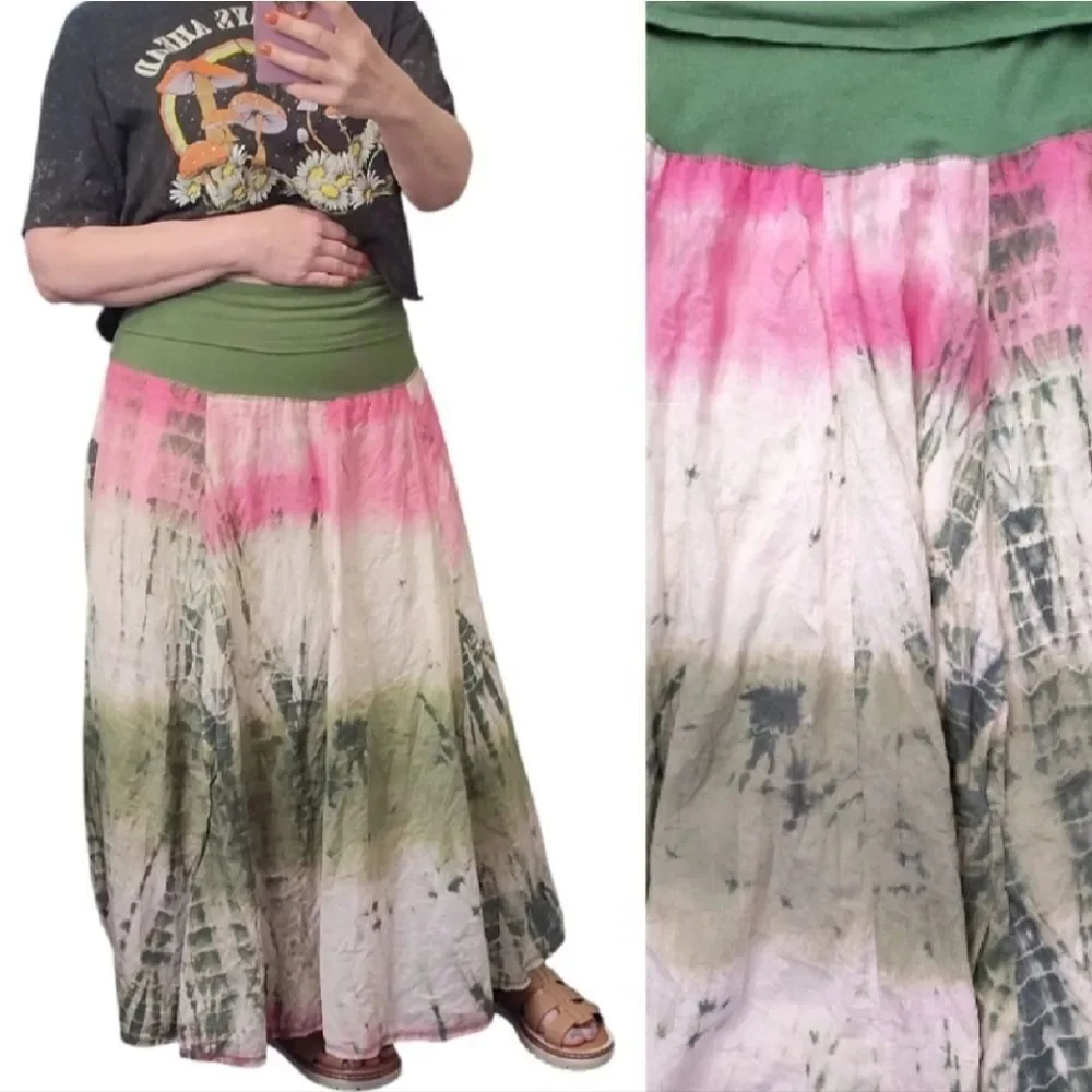 VTG Y2K Green Pink Tie Dye Fold Over Fairycore Gypsy Midi Skirt *Fits Like Large - Picture 3 of 9